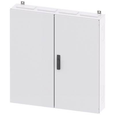 Armoire métallique à deux portes, avec une poignée centrale et un dispositif de fixation murale, adaptée au rangement ou à la sécurisation d'objets.