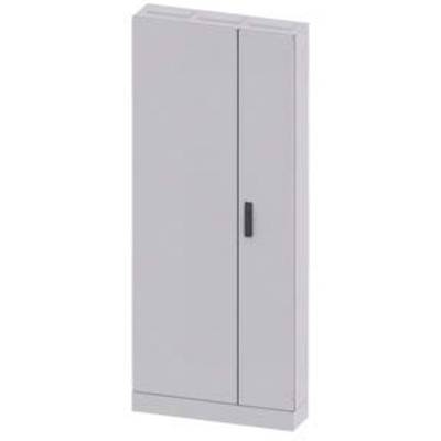 Armoire grise à deux portes avec une poignée noire, debout verticalement.