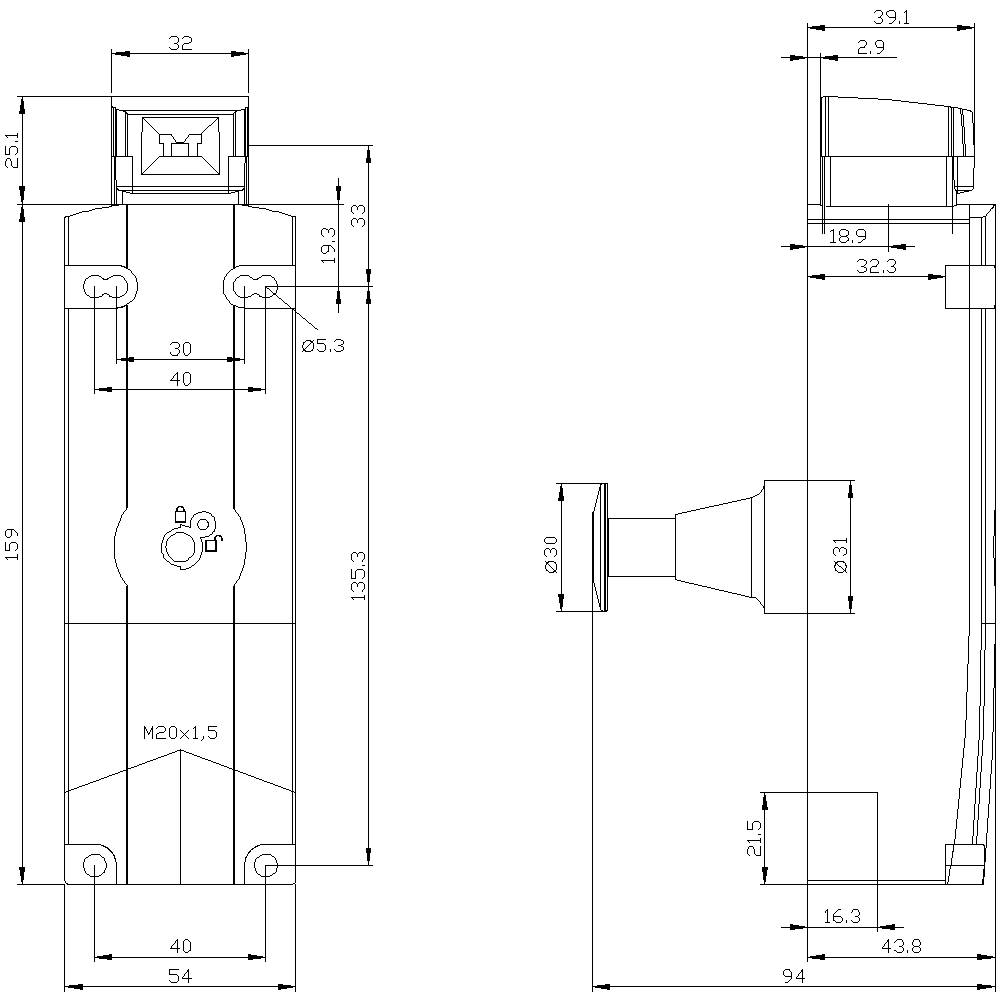 Dessin technique d'une valve avec des dimensions marquées en millimètres. Vue de dessus et de côté ; dimensions détaillées présentées.