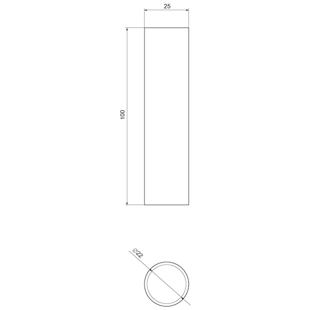 Dessin technique d'un cylindre ; vue latérale montrant une longueur de 100 unités, diamètre de 25 unités ; coupe transversale ci-dessous montrant un diamètre de 22 unités.