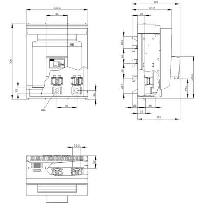 Dessin technique d'un armoire électrique avec vue de face, vue latérale et vue de dessus. Toutes les dimensions sont indiquées en millimètres.