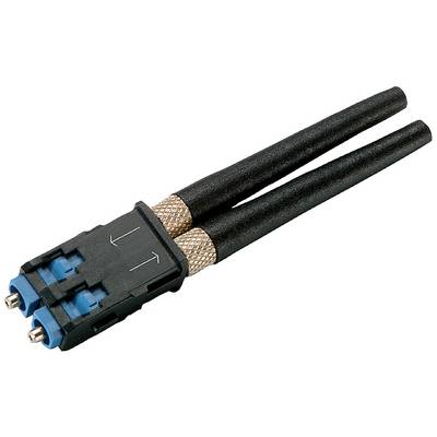 Deux câbles à fibre optique noirs, connectés à une fiche LC bleue marquée de flèches.