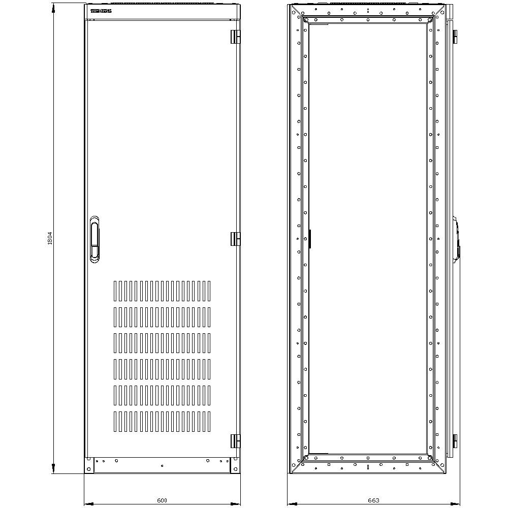 'Dessin d'une porte d'armoire serveur avec vue de face et vue latérale. Dimensions indiquées : hauteur 1804 mm, largeur 608 mm à l'avant, 663 mm sur le côté.'