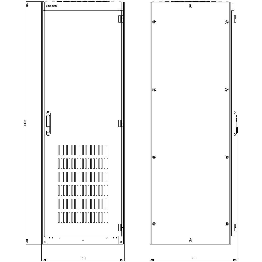 Vue de l'armoire de face et de dos. Dimensions : hauteur 1804 mm, largeur 648 mm à l'avant, 663 mm à l'arrière. Poignée et fentes de ventilation sur la face avant.