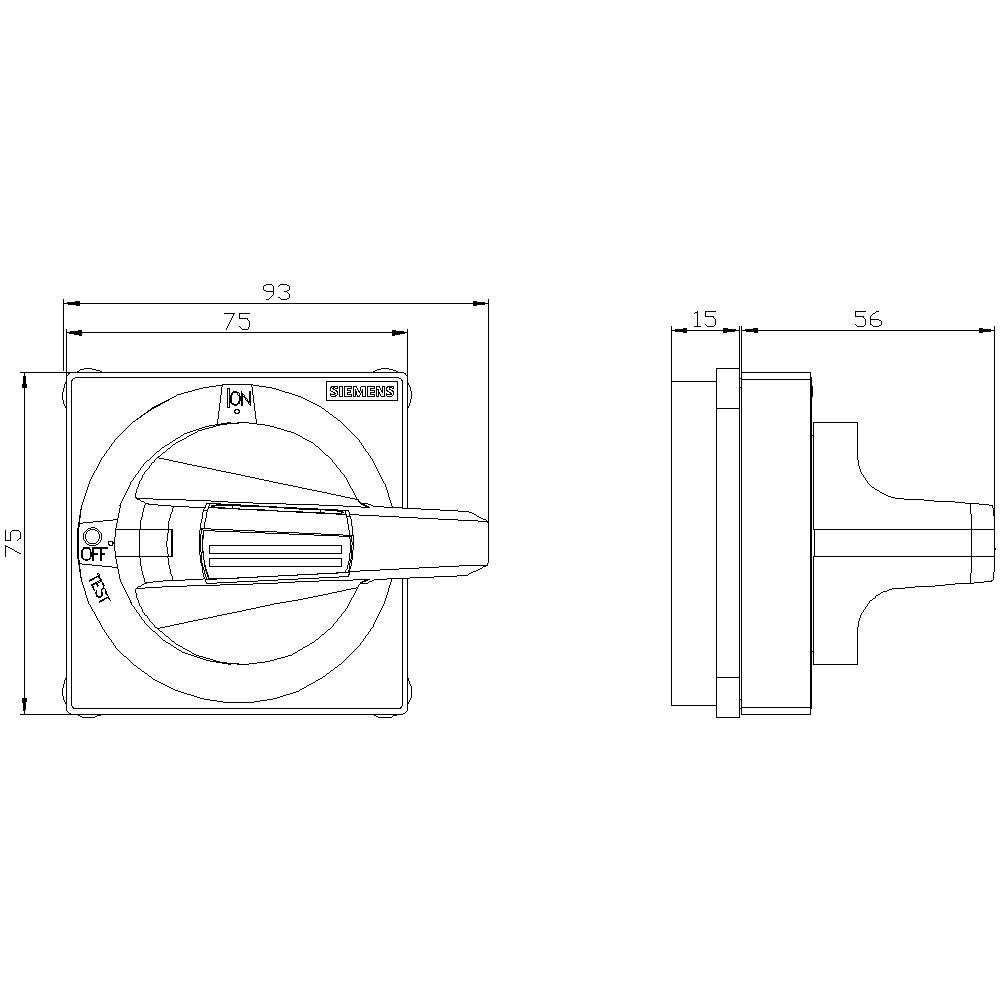 Dessin technique d'un interrupteur avec dimensions : 75x75 mm vue de face, 93 mm de largeur, 56 mm vue de côté. Positions 'ON' et 'OFF'.
