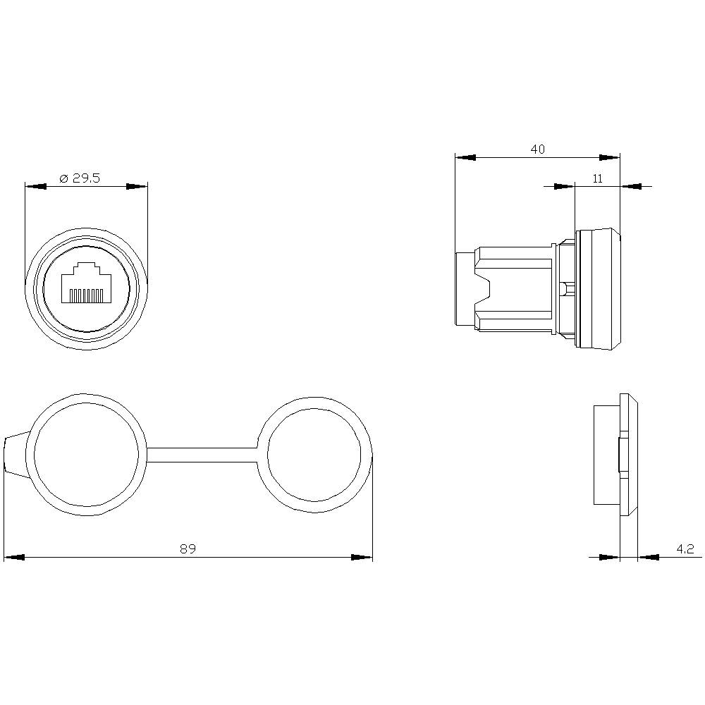 Dessin technique d'une prise réseau RJ45 avec des dimensions précises. Présente les vues latérale et arrière pour une installation précise.
