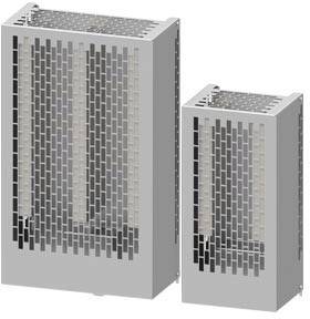 Deux étagères métalliques grises de tailles différentes, dotées de grilles rectangulaires sur leur face avant, sont placées côte à côte.