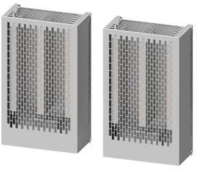 Deux appareils de chauffage gris rectangulaires avec une grille de ventilation verticale, placés côte à côte. Conçus pour des applications industrielles.