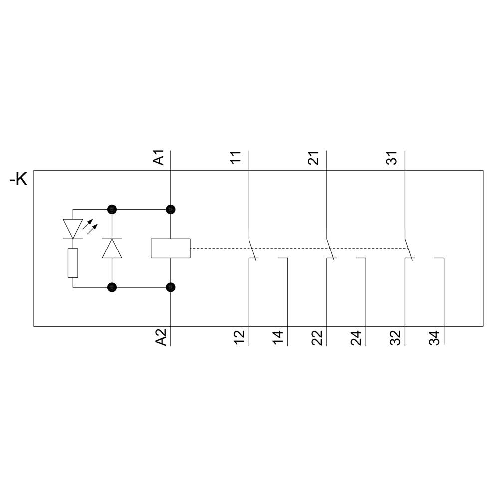 Schéma de câblage d'un relais avec contacts de bobine A1 et A2 ainsi que contacts de commutation 11-12, 21-22, 31-32. Montre la LED interne et la diode de protection.