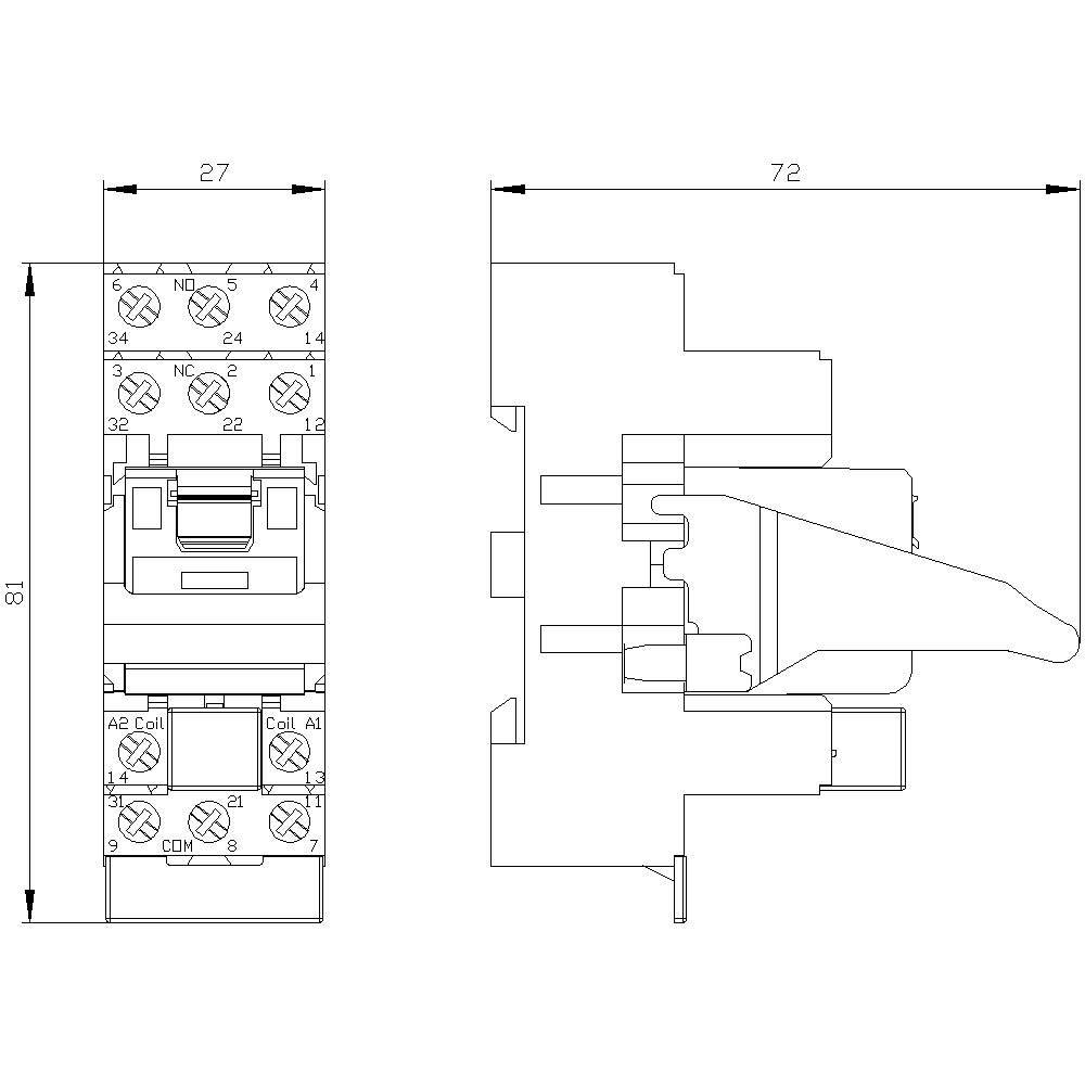 Dessin technique d'un relais avec vue de face et de côté. Dimensions en millimètres : largeur 27, hauteur 81, profondeur 72.