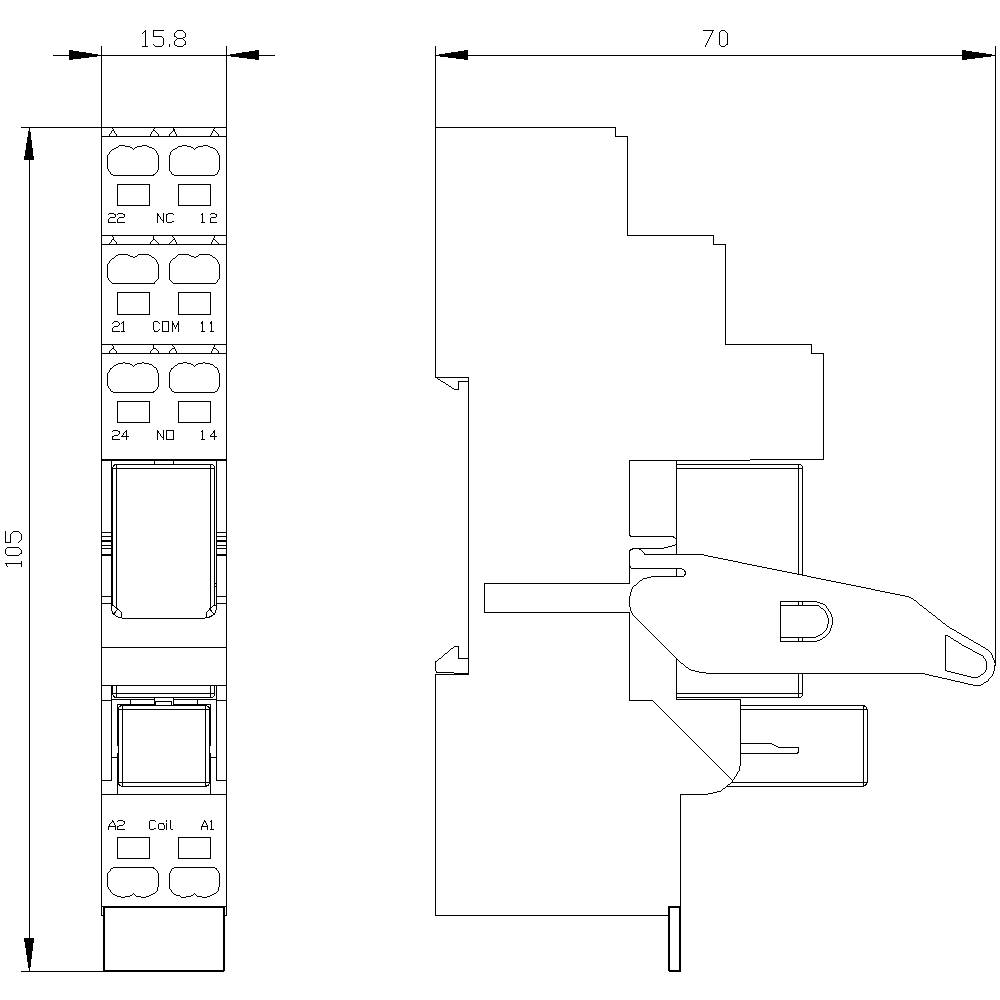 Dessin technique d'un appareil électrique avec dimensions : hauteur 105 mm, largeur 15,8 mm, profondeur 70 mm, montrant les contacts de commutation et les bornes.