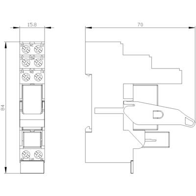 Un diagramme technique montre les vues latérale et de face d'un relais électrique avec les dimensions suivantes : 15,8 x 84 x 70 mm.