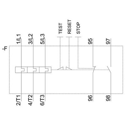 Diagramme d'un circuit électrique avec les bornes 1L1, 2T1, 3L2, 4T2, 5L3, 6T3 et les interrupteurs TEST, RESET, ARRÊT.