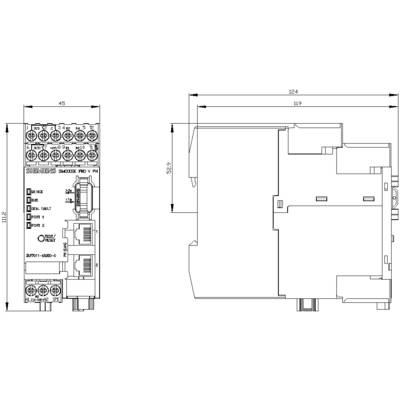 Dessin technique d'un module électronique avec dimensions : 45x124 mm. Présente les connexions, les LED et la forme du boîtier.