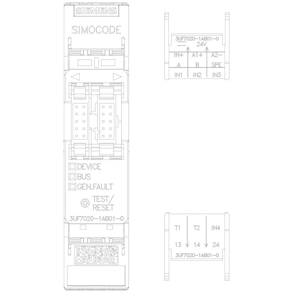 'Appareil de commutation SIMOCODE de Siemens, numéro de modèle 3UF7020-1AB01-0. Affiche les étiquettes d'état de l'appareil et des connexions sur la face avant.'