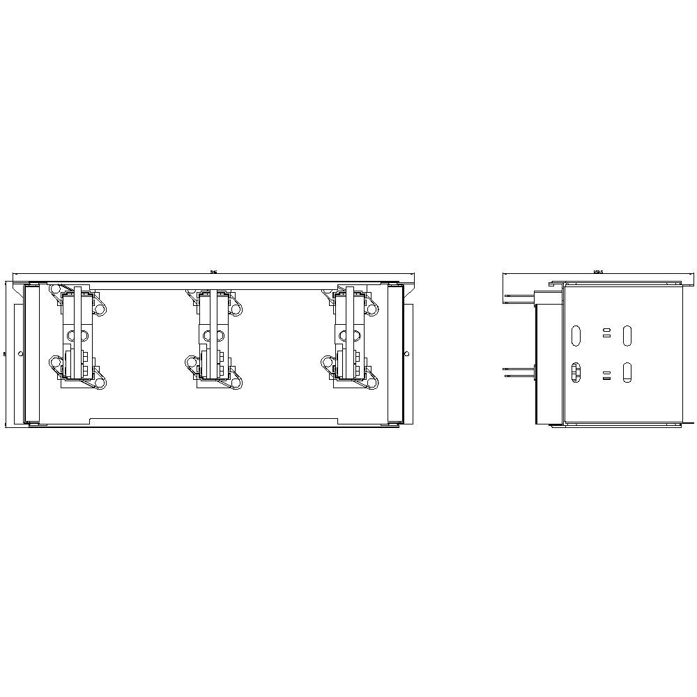 Dessin technique d'un boîtier électrique avec vue de face et vue latérale. Trois modules de commutation visibles à l'intérieur.