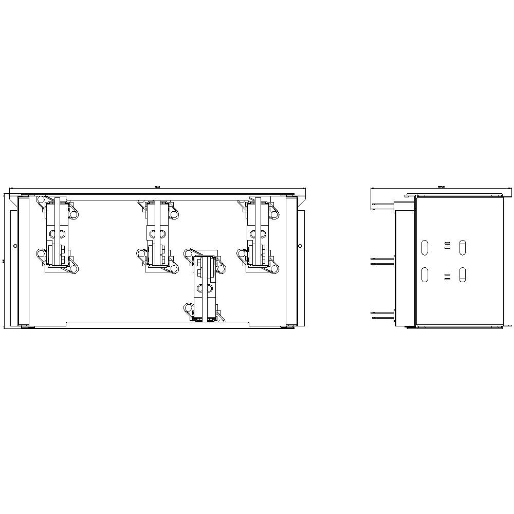 Dessin technique d'une machine avec plusieurs composants verticaux et fixations. Vue latérale et vue de dessus sont représentées.