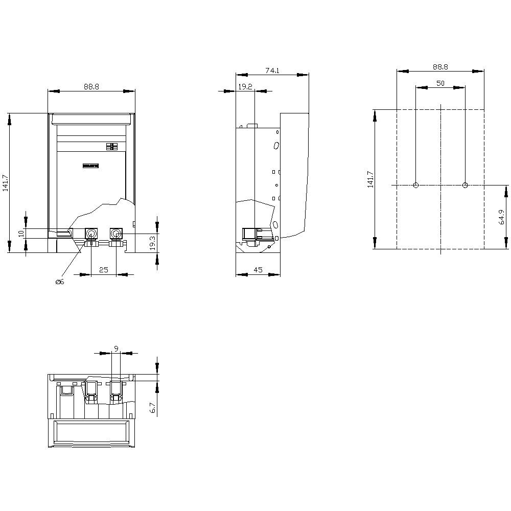 Dessin technique d'un appareil avec dimensions en mm. Les vues de face, latérale et de dessus présentent les détails et les positions de raccordement.