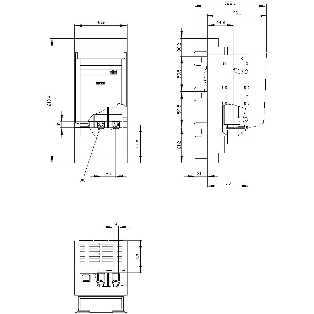 Dessin technique d'un appareil vu de face, de dessus et de côté. Dimensions indiquées en millimètres. Présente les connexions de raccordement et les points de montage.