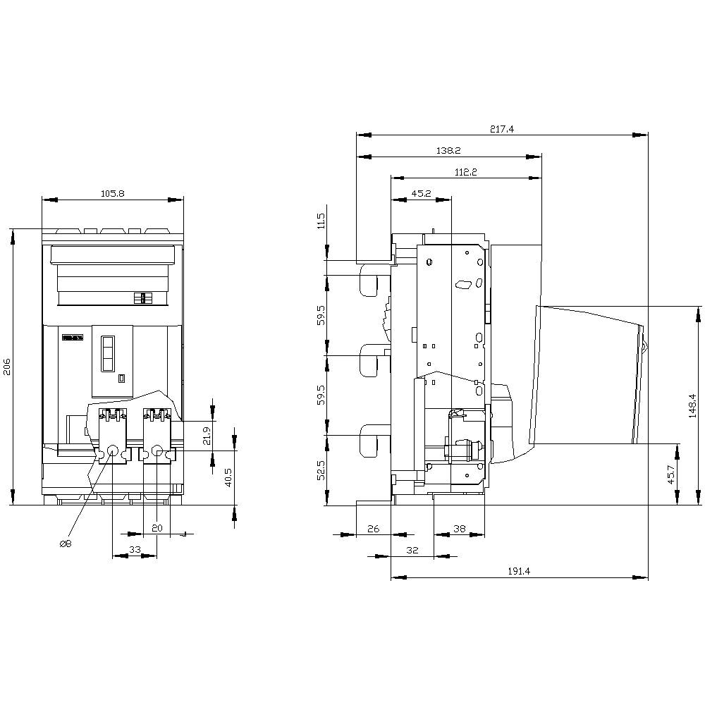 Dessin technique d'un appareil avec vue de face et vue latérale. Dimensions en millimètres. Détails des connexions et des composants visibles.