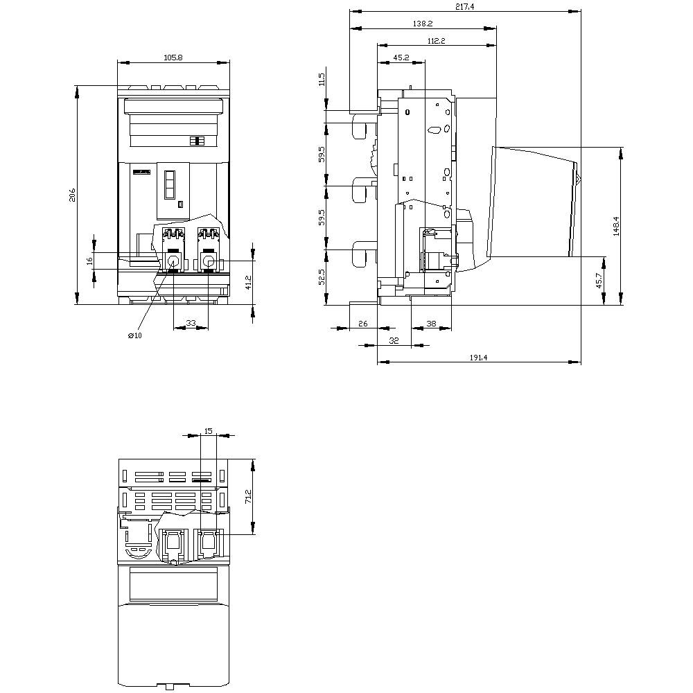 Dessin technique d'un appareil électrique avec des dimensions en millimètres. Trois vues : face avant, côté et arrière. Marquages pour les connexions.