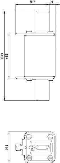 Dessin technique d'un composant avec dimensions en millimètres : largeur 50,7 mm, hauteur totale 133,9 mm, largeur entre les connexions 46,6 mm.