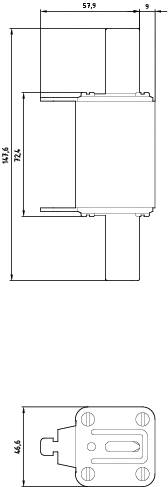 Dessin technique d'un appareil rectangulaire avec dimensions. En haut : largeur 57,9, hauteur 143,6. En bas : hauteur 64,6, trous de fixation visibles.