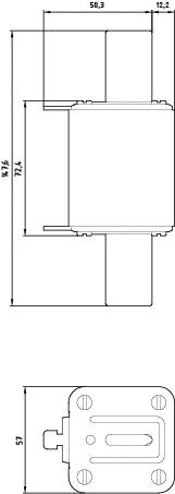 Dessin technique d'un composant avec dimensions : 58,3 mm de largeur, 72,6 mm de hauteur, 59 mm de profondeur ; présente différentes vues et dimensions de la pièce.