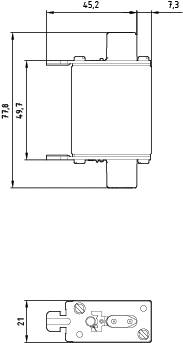 Dessin technique d'un composant rectangulaire avec dimensions. En haut : 45,2 x 77,8 mm ; profondeur : 21 mm. Marquages pour fixation.