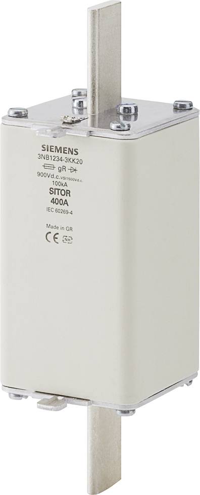 Sécurité industrielle de Siemens, modèle SITOR 400A, adapté aux applications à fort courant, forme rectangulaire avec connexions métalliques en haut et en bas.