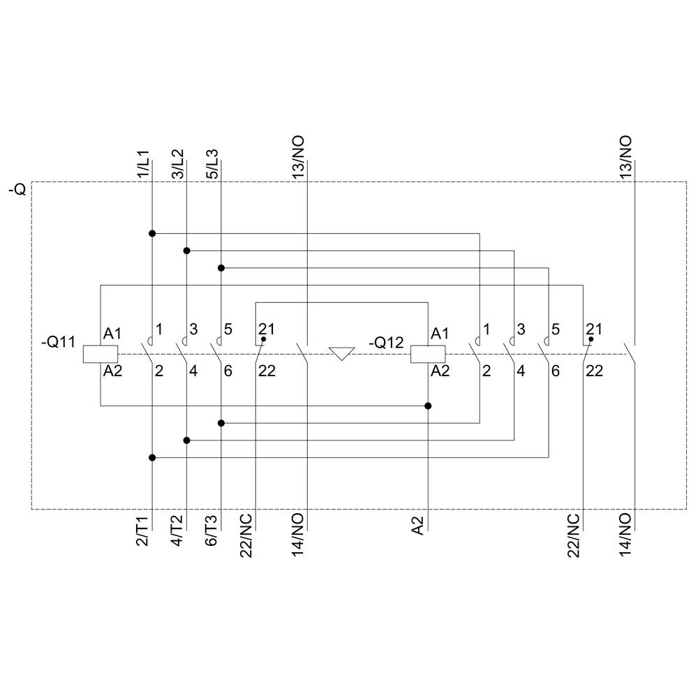 'Schéma de câblage avec deux relais : A1, A2, -Q11, -Q12 et plusieurs contacts de commutation, dont 1L/1, 3L/1, 5L/3. Connexion et fonction illustrées.'
