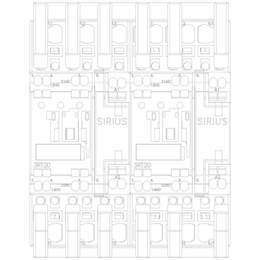 Dessin technique d'un schéma de contacteur avec numéros de composants et positions de contacts, titre : 'SIRIUS 3RT20 Schéma de contacteur'.