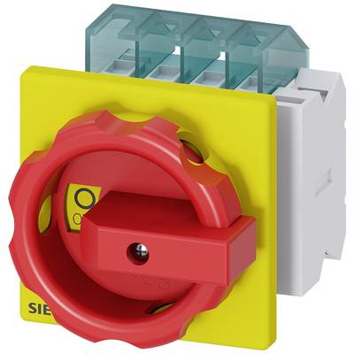 Un sectionneur rouge sur une plaque jaune avec un capot de protection bleu, de Siemens. Utilisé pour la séparation sécurisée des circuits électriques.
