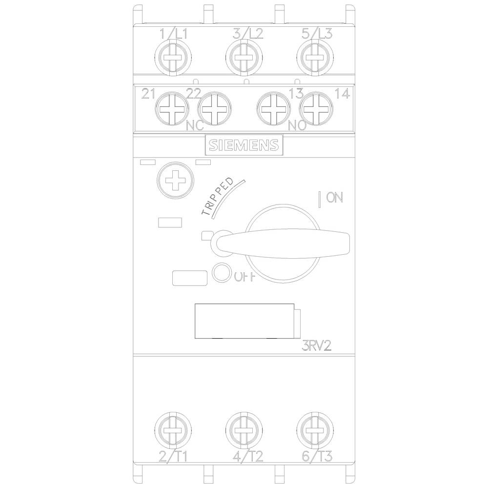 'Schéma de câblage d'un disjoncteur-moteur Siemens 3RV2. Montre les connexions, les positions de commutation et les états de fonctionnement. Vue de face.'