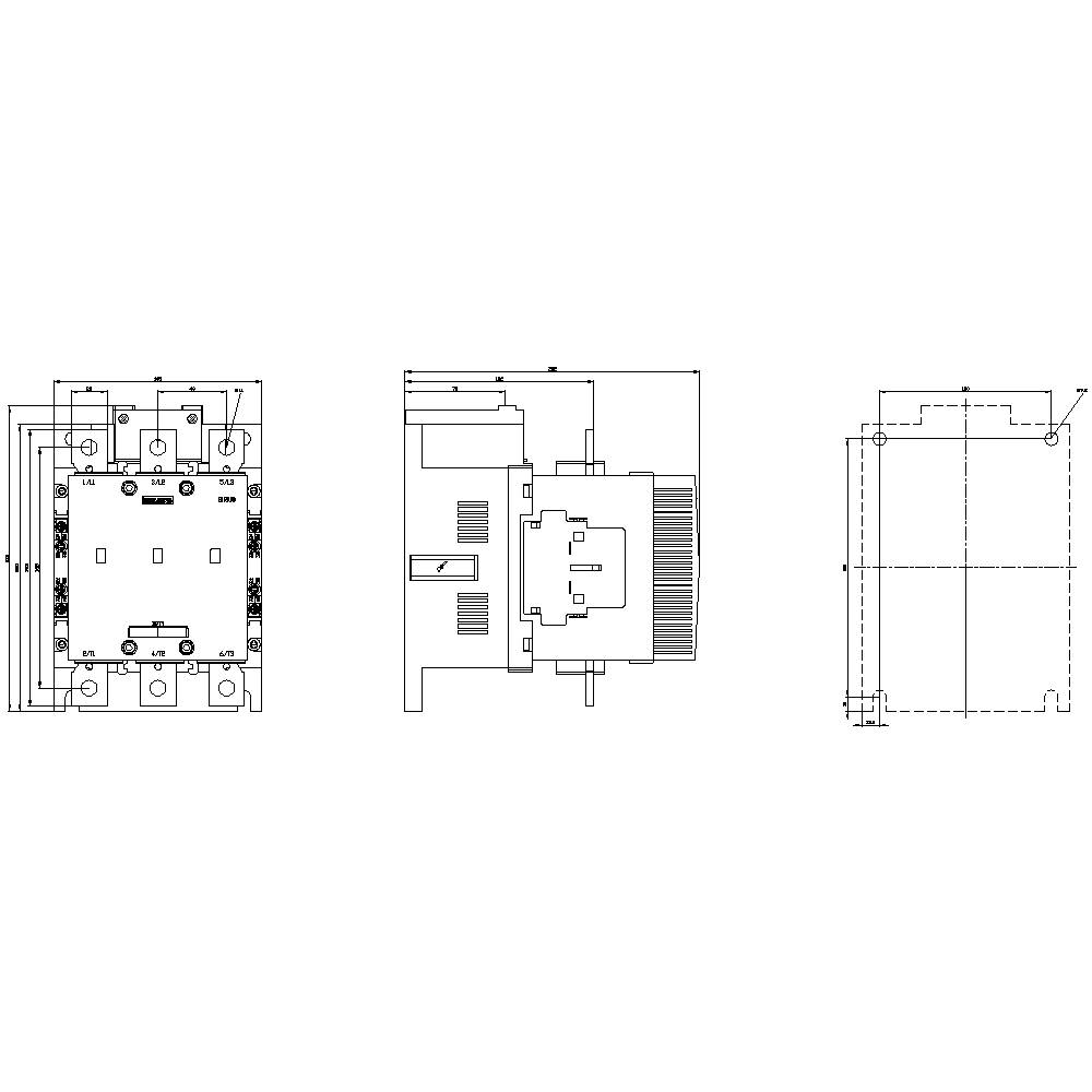 Dessin technique d'un composant électrique avec trois vues : vue de face, vue latérale et schéma de connexion avec dimensions et détails.