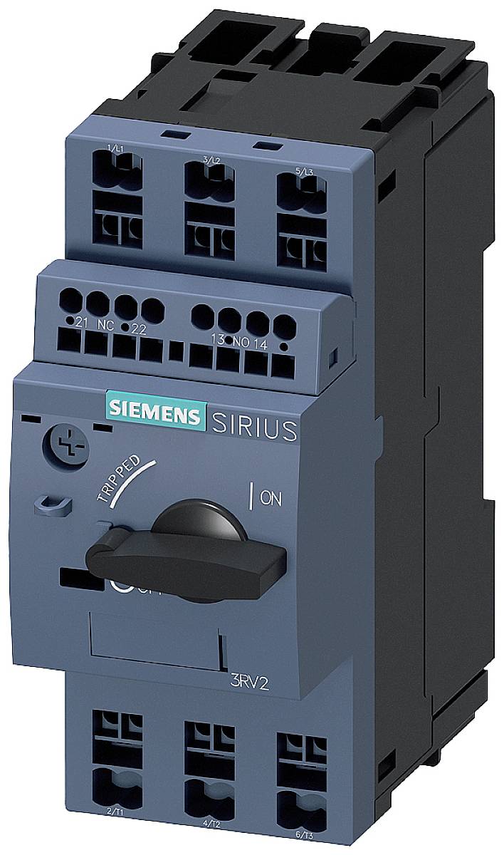 Un commutateur Siemens SIRIUS bleu pour systèmes de commande électrique, avec indicateur de position 'DÉCLENCHÉ' et 'MARCHE'.