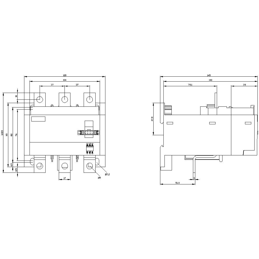 Dessin technique d'un appareil électrique avec des dimensions en millimètres. Présente les vues de face et de côté avec les positions de connexion détaillées.