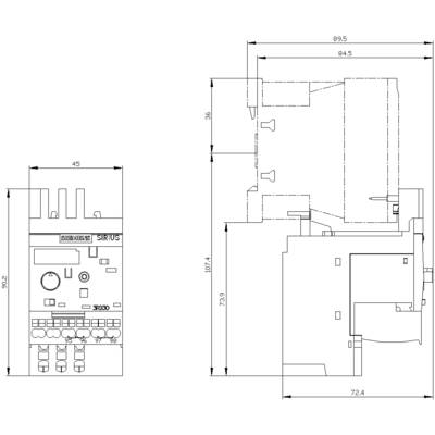 Dessin technique d'un appareil électrique de commutation avec vue de face et vue latérale ; dimensions et détails du boîtier indiqués.