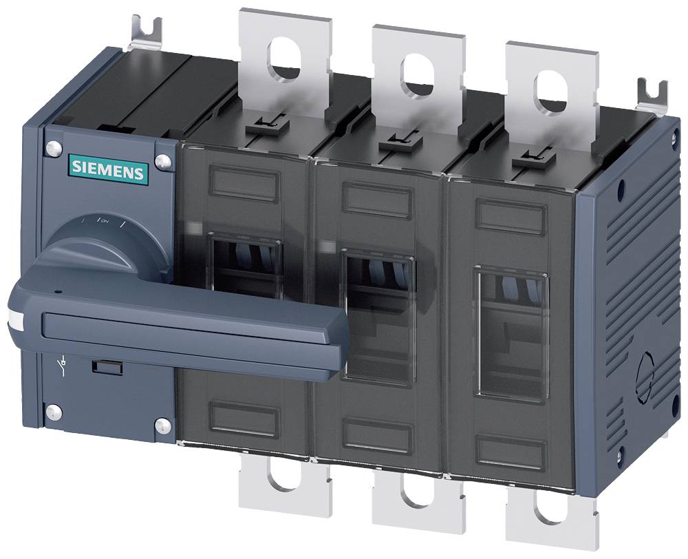 Un sectionneur tripolaire de Siemens avec poignée. Adapté pour une utilisation dans des installations électriques industrielles.