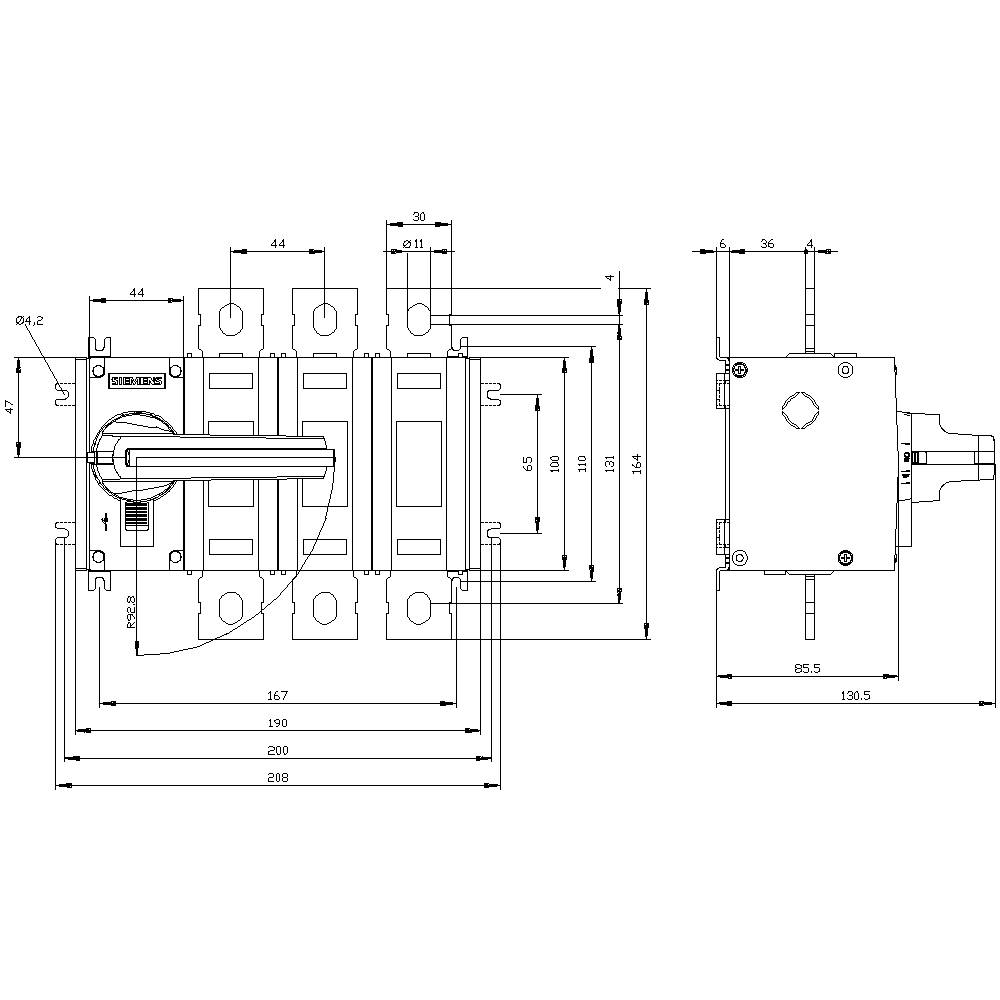 Dessin technique d'une unité de commutation avec des dimensions détaillées en millimètres. Présente les vues de face et de côté de la construction.