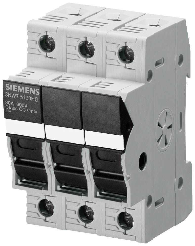 Un disjoncteur de puissance tripolaire Siemens, modèle 3NW7 5130HG, de 30A, 600V, avec l'inscription 'Class CC Only'.