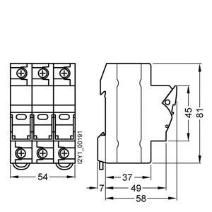 Dessin d'un interrupteur électrique avec dimensions : largeur 54 mm, profondeur 58 mm, hauteur 81 mm. Montre les vues de face et de côté.