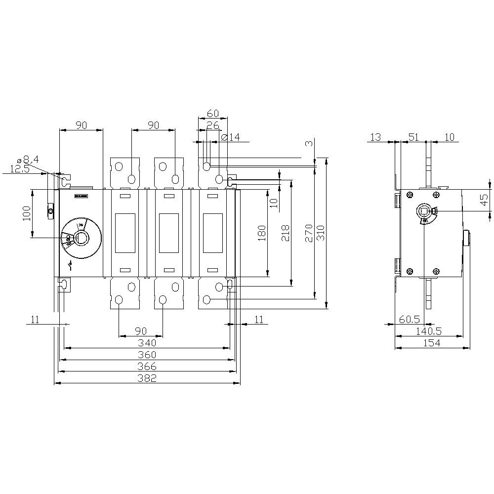 Dessin technique d'un interrupteur électrique multipolaire avec vues de face et de côté. Les dimensions en millimètres sont indiquées en détail.