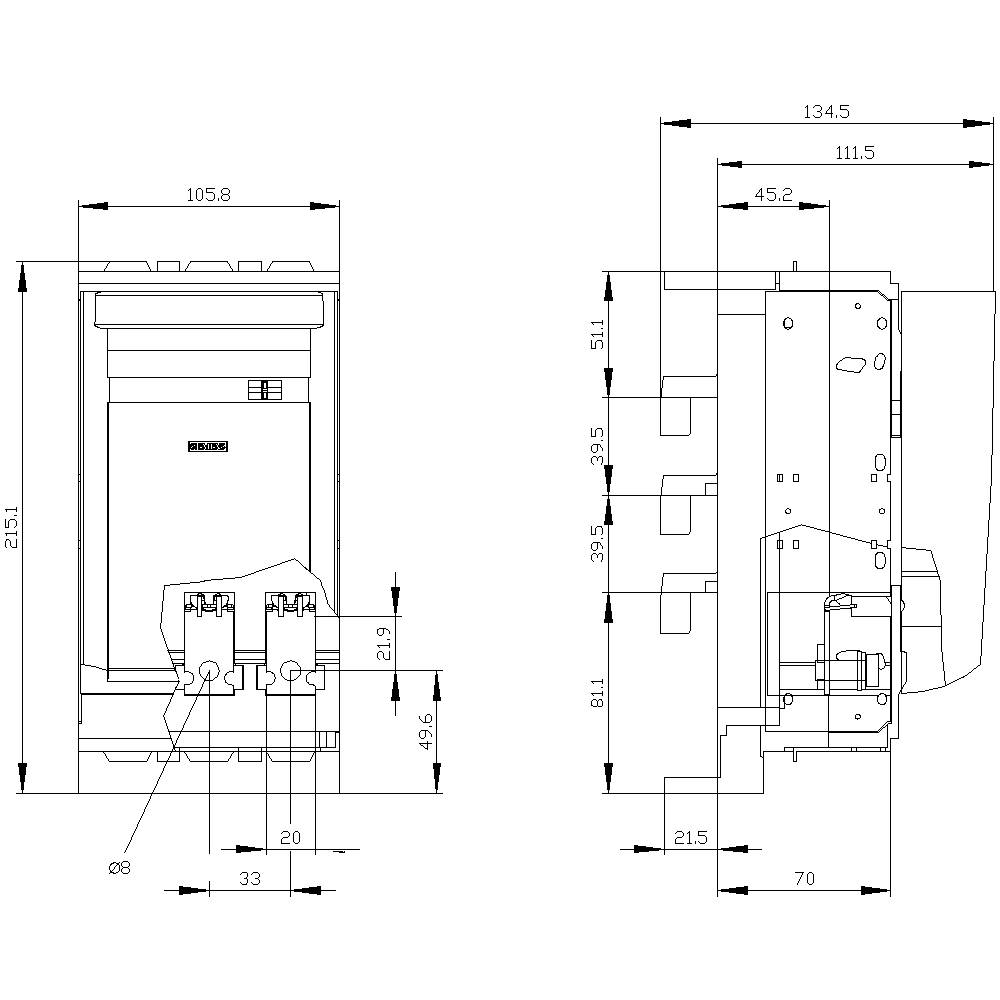 Dessin technique d'un appareil avec différentes dimensions en millimètres, présentant les vues de face et de côté avec des détails sur les connexions.