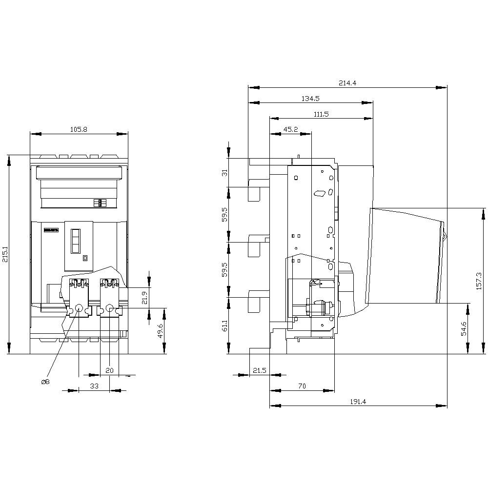 Dessin technique d'une machine avec vue de face et vue latérale, dimensions en millimètres ; montre la hauteur, la largeur et les détails structurels.