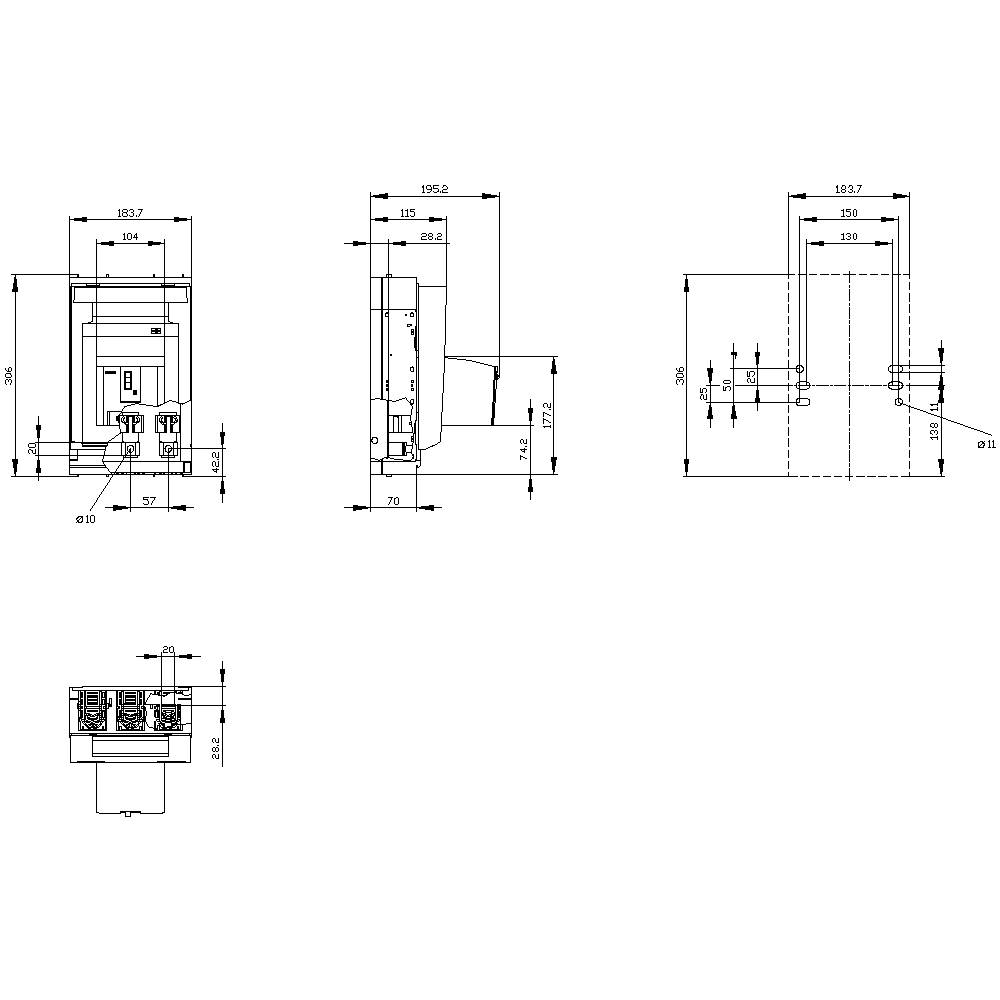 Dessin technique d'un interrupteur avec dimensions en millimètres. Présente les vues de face, de côté et de dessus avec des dimensions détaillées.