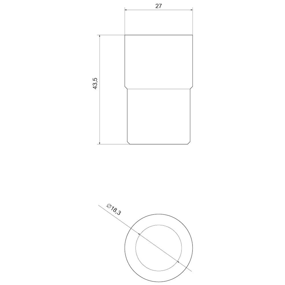Dessin technique d'un objet cylindrique avec les dimensions suivantes : hauteur 43,5 mm, largeur 27 mm et diamètre 18,3 mm.