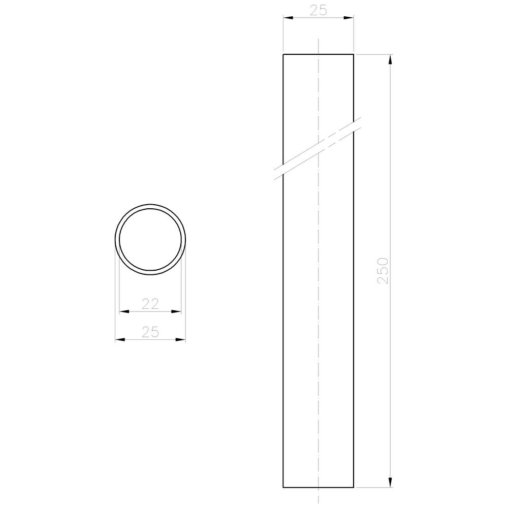 Dessin technique d'un tube. Le tube est long de 250 mm avec un diamètre extérieur de 25 mm et un diamètre intérieur de 22 mm.