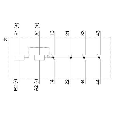 Symbole de schéma électrique : Représente un circuit avec quatre lignes verticales, avec les étiquettes E1(+), A1(+), E2(-) et A2(-).
