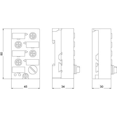 Dessin technique d'un appareil électronique rectangulaire, vue tridimensionnelle avec vues de face, de côté et de dessus, dimensions indiquées en millimètres.